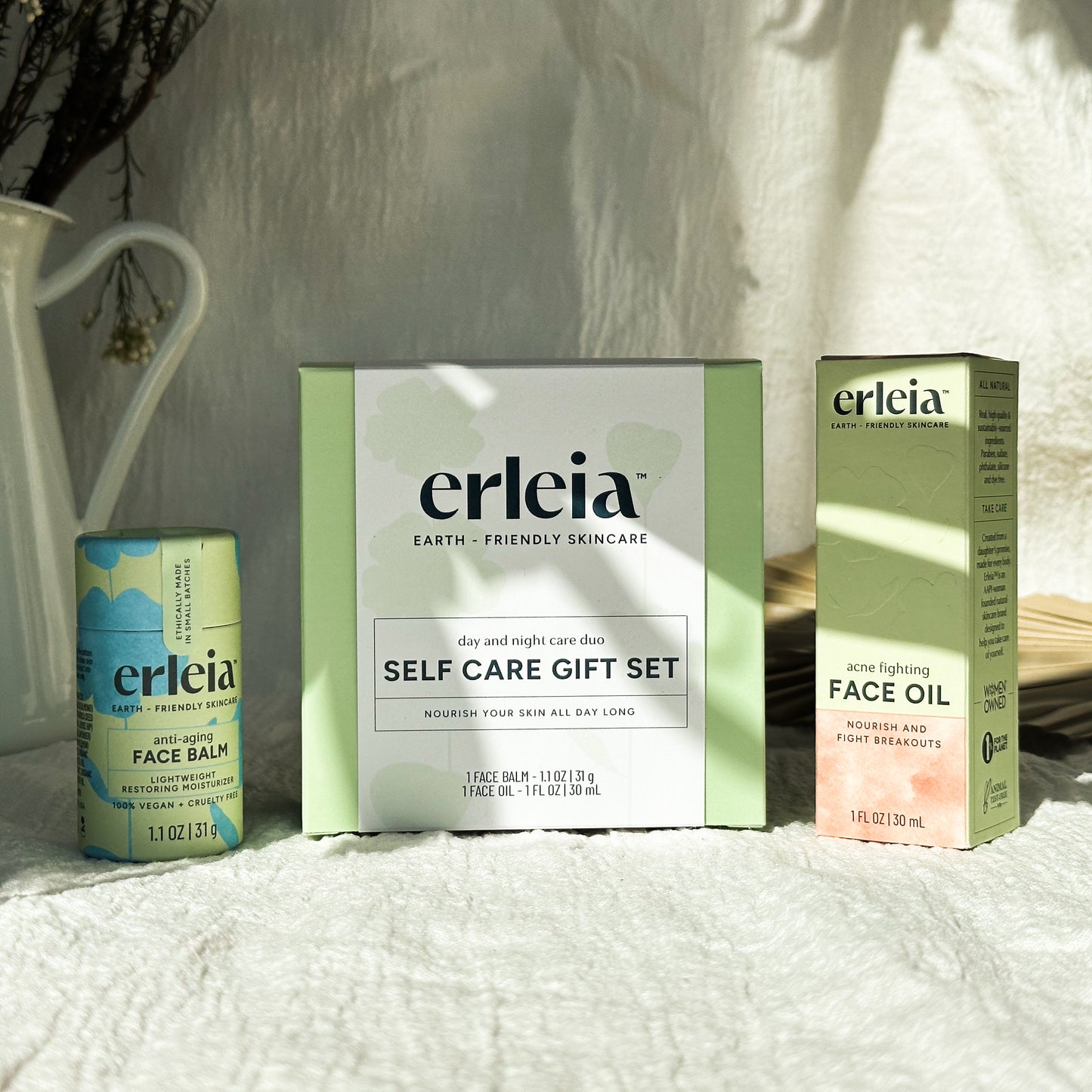 Erleia Day and Night Care Duo Self Care Set - With Acne Fighting Face Oil & Anti-Aging Face Balm