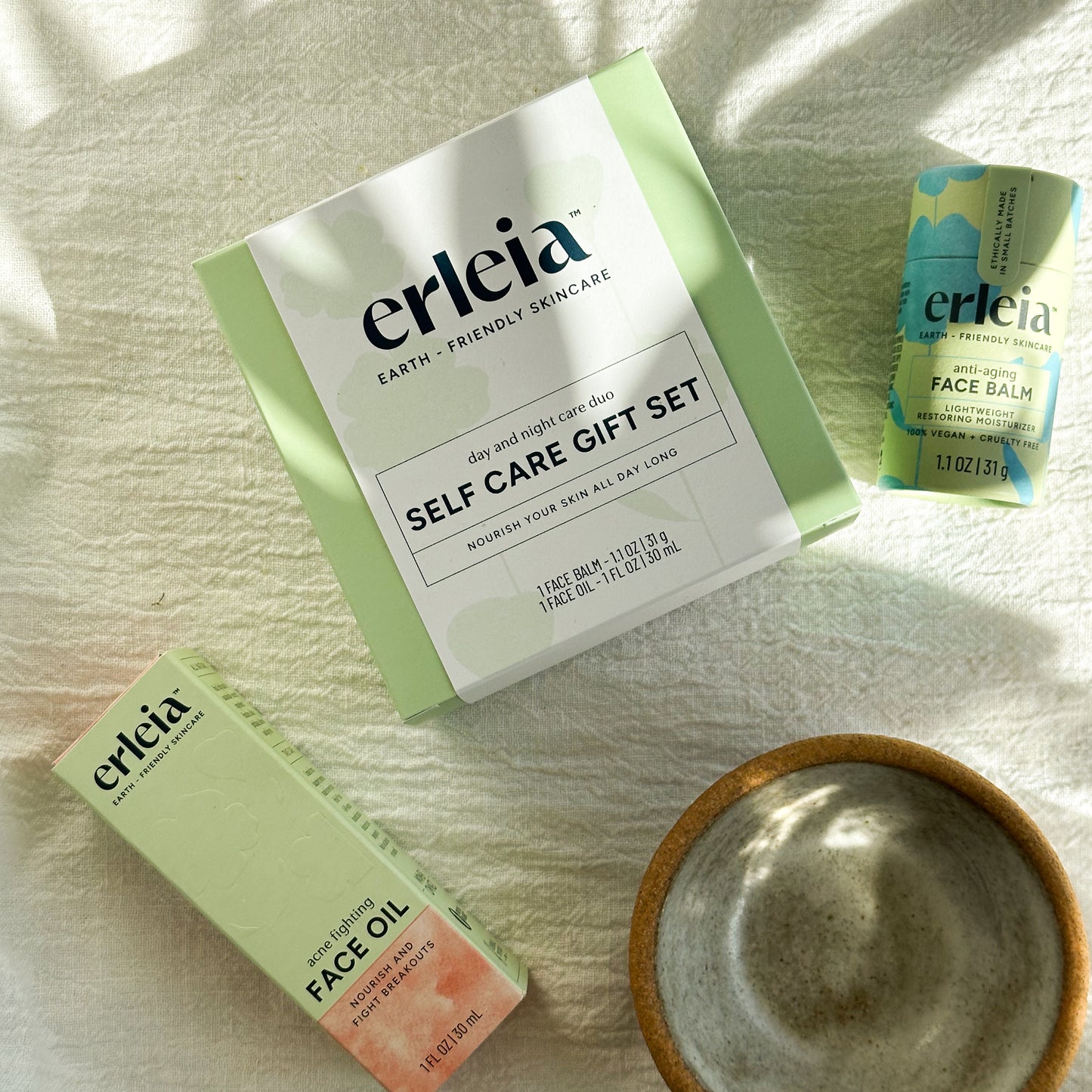 Erleia Day and Night Care Duo Self Care Set - With Acne Fighting Face Oil & Anti-Aging Face Balm and accessories (not included in gift set)