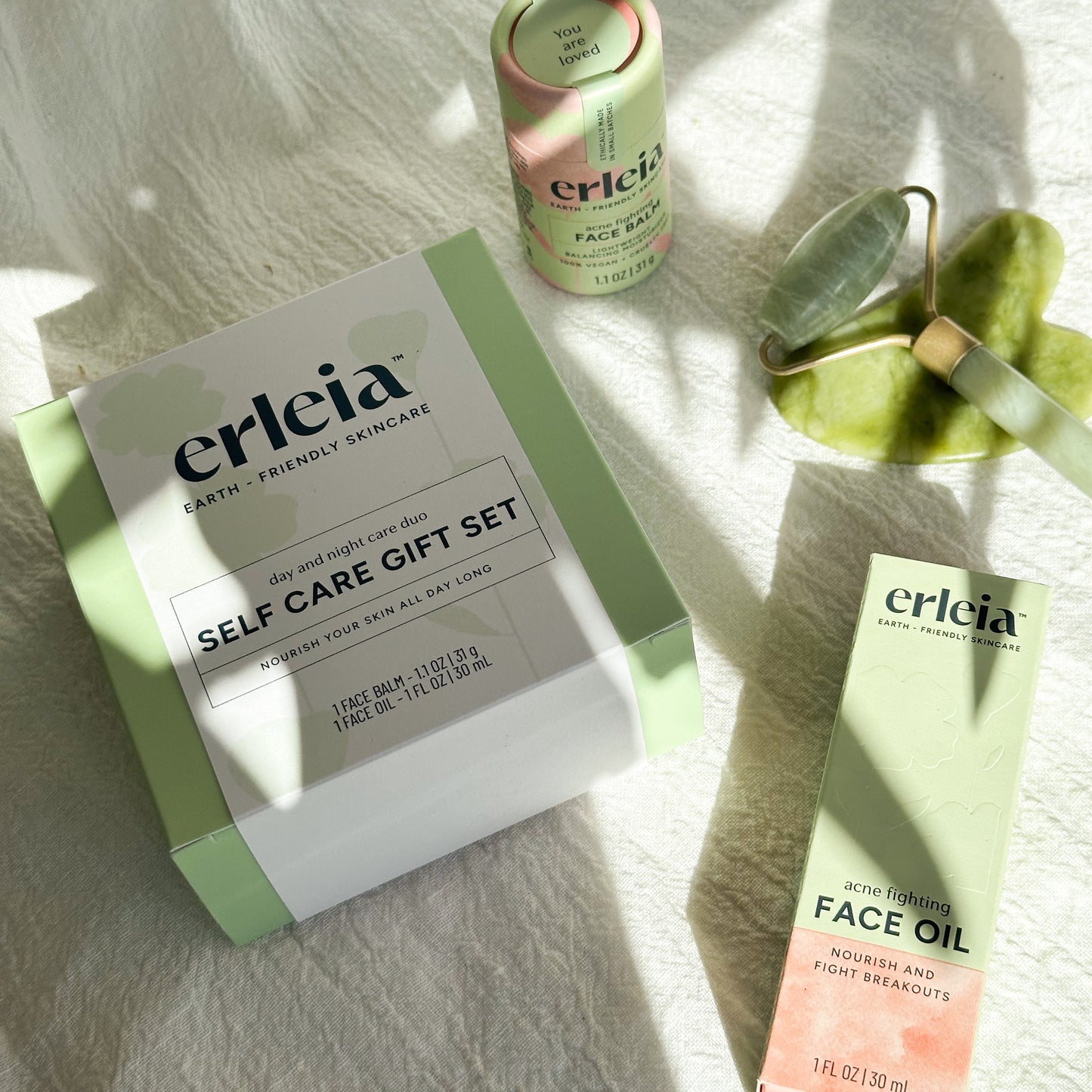 Erleia Day and Night Care Duo Self Care Set - With Acne Fighting Face Oil & Face Balm and accessories (not included in gift set)