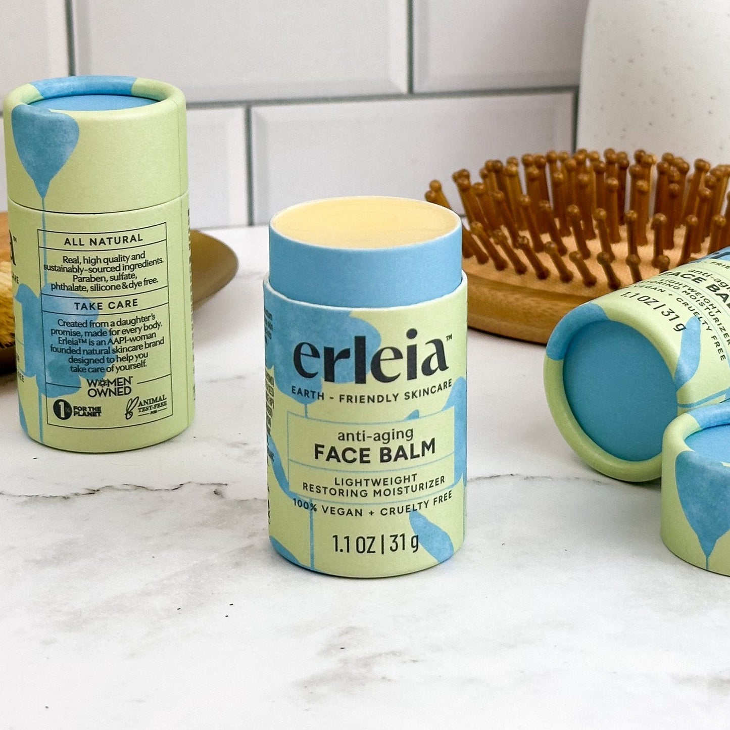 Erleia anti-aging Face Balms on a bathroom counter