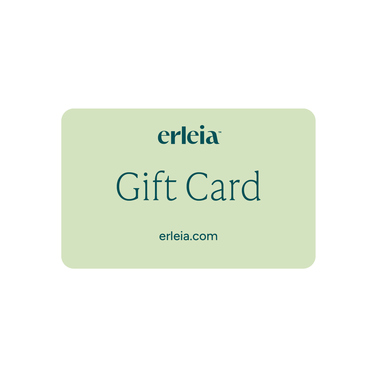 Erleia gift card featuring the brand’s logo and website, erleia.com, on a light green background.