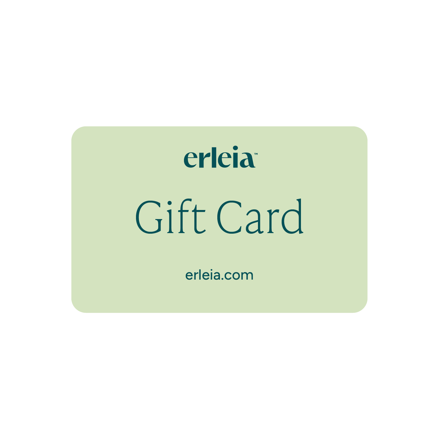 Erleia gift card featuring the brand’s logo and website, erleia.com, on a light green background.