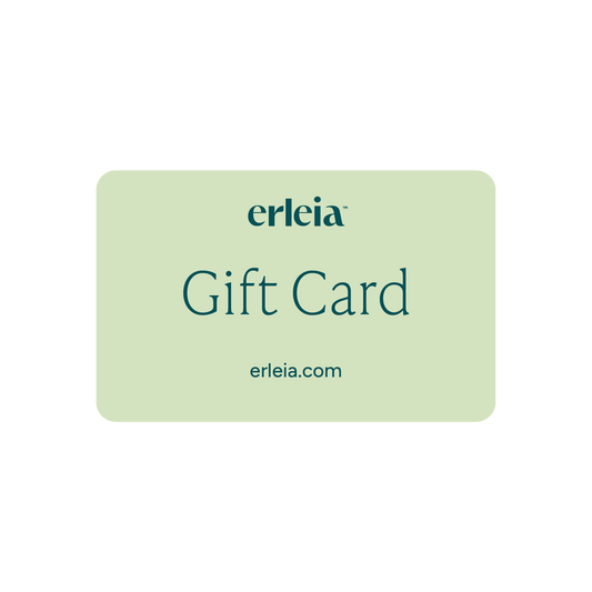 Erleia gift card featuring the brand’s logo and website, erleia.com, on a light green background.
