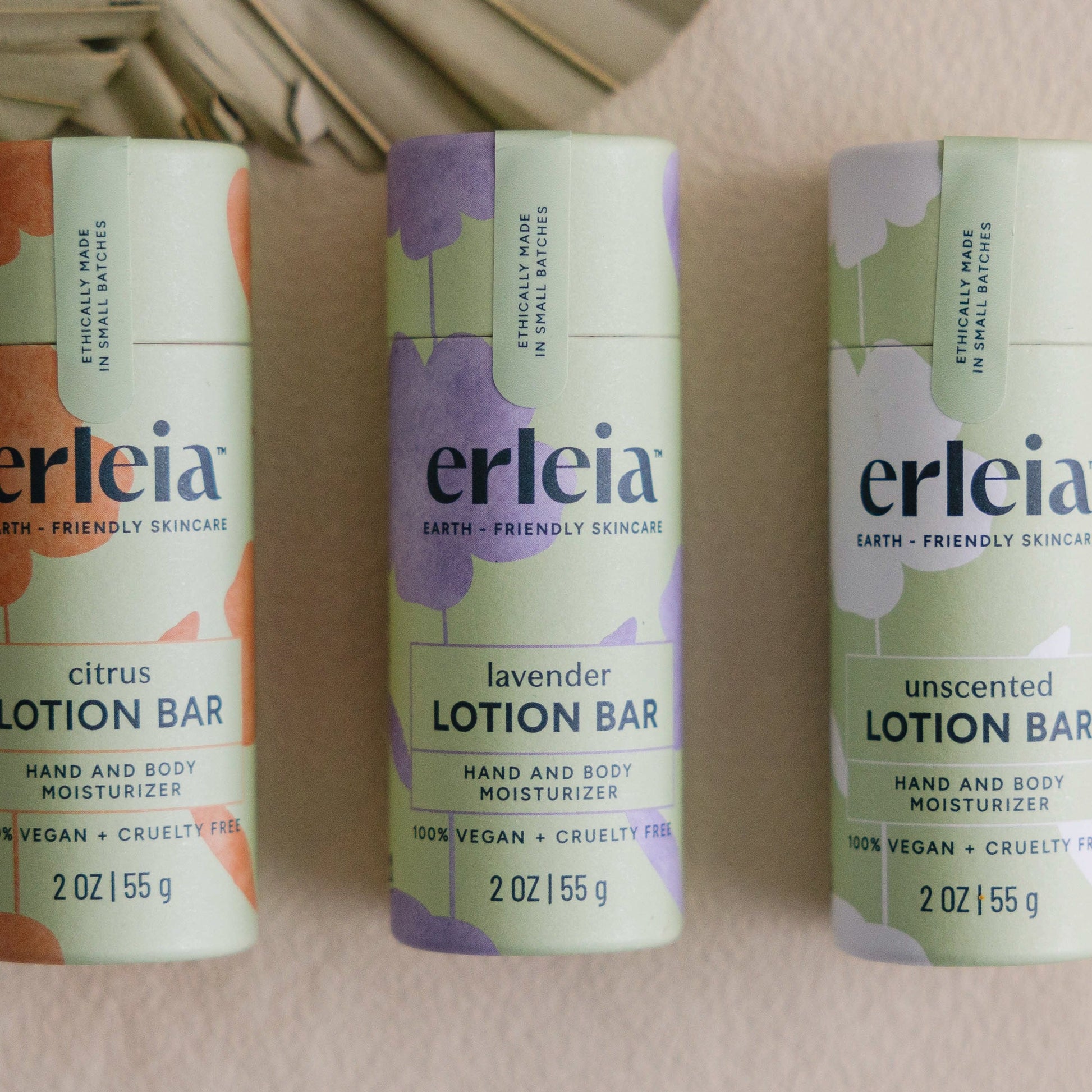 3 Erleia lotion bars - in 3 different scents from left to right: citrus, lavender and unscented
