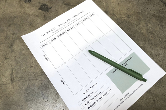 Chuan's Promise Weekly Skincare Planner sheet with a pen