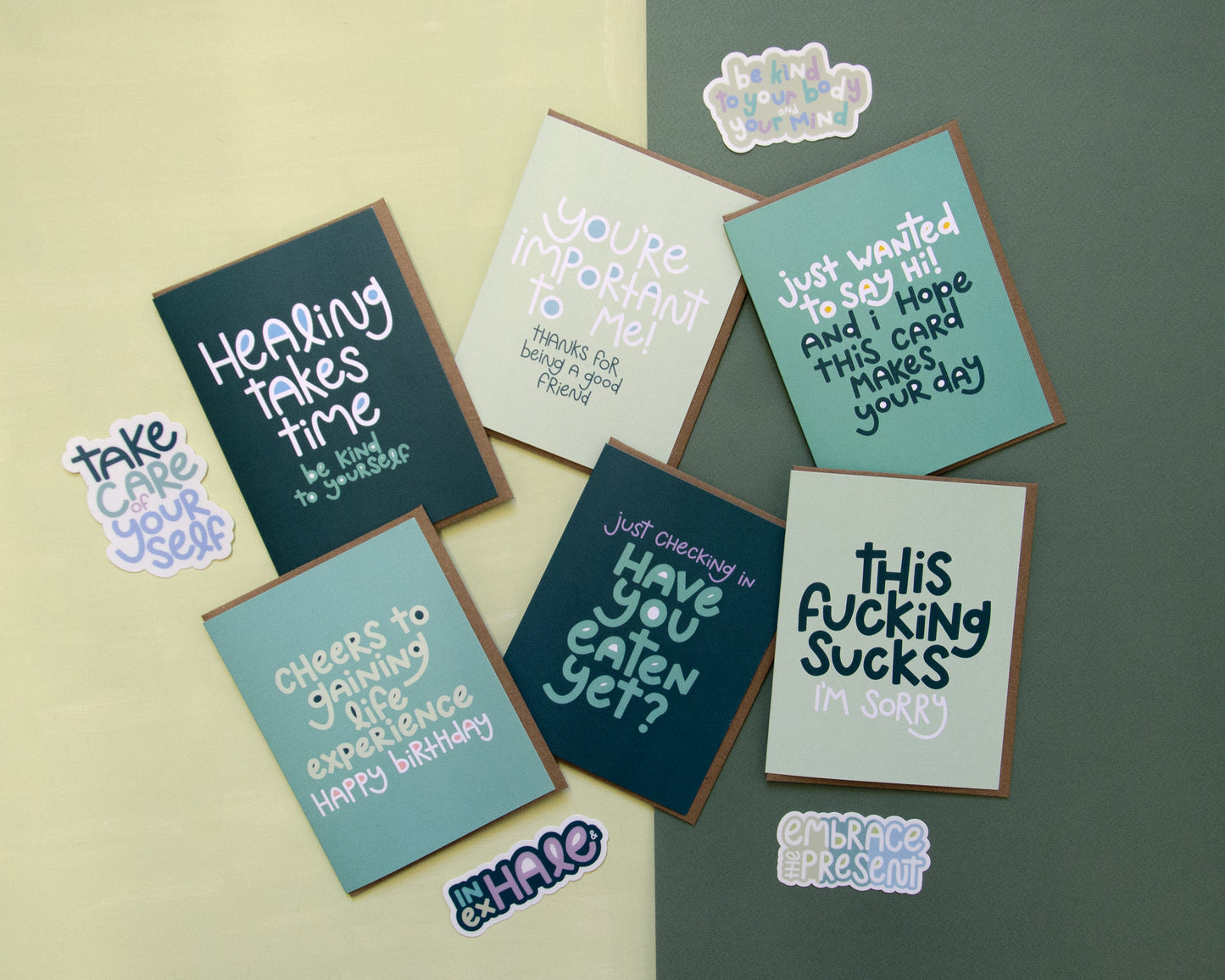 All 6 greeting cards and 4 stickers from the Erleia x Twentysome collaboration collection