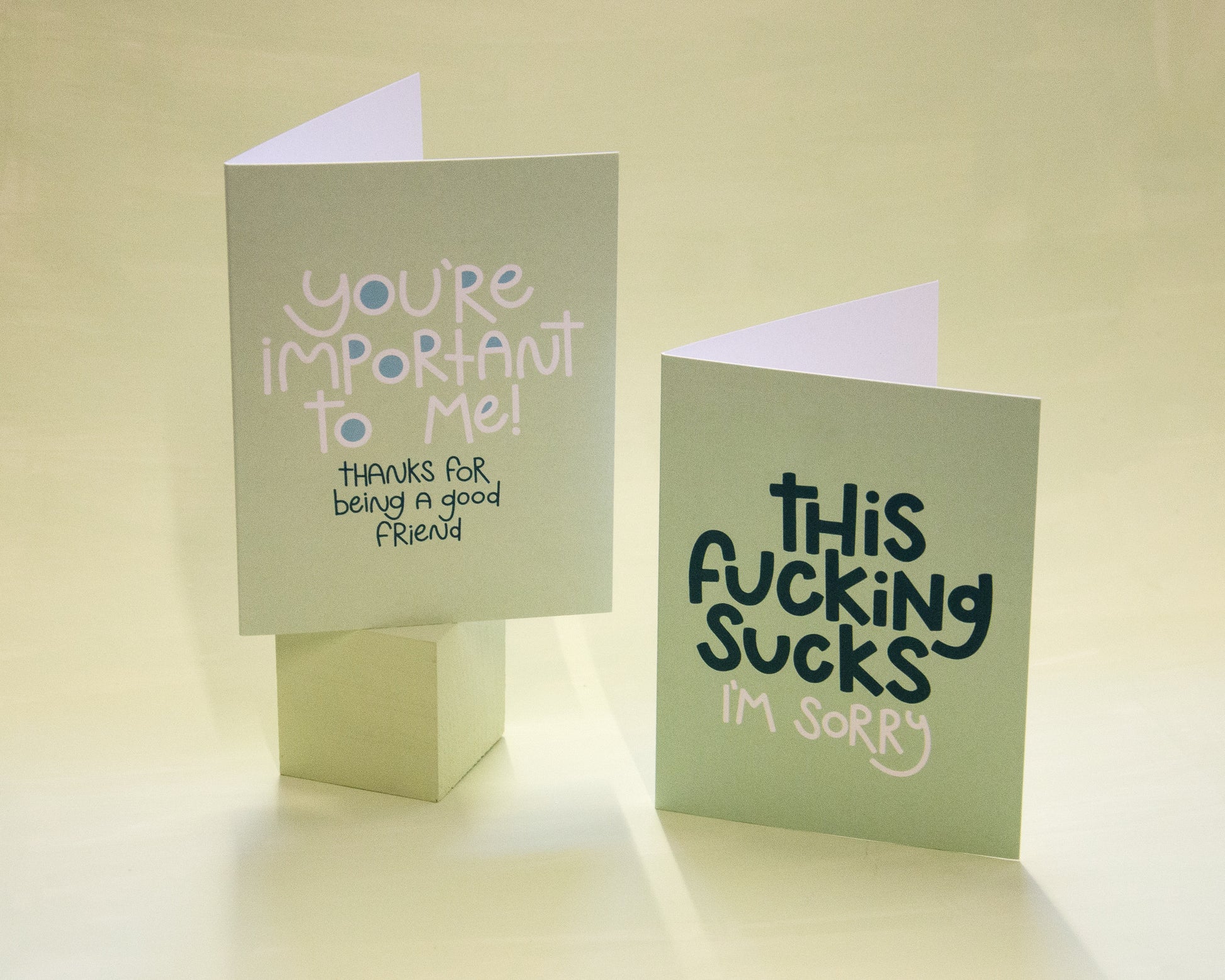 Photo of 2 greeting cards, one says "You're important to me! Thanks for being a good friend" and the other says "This fucking sucks, I'm sorry"